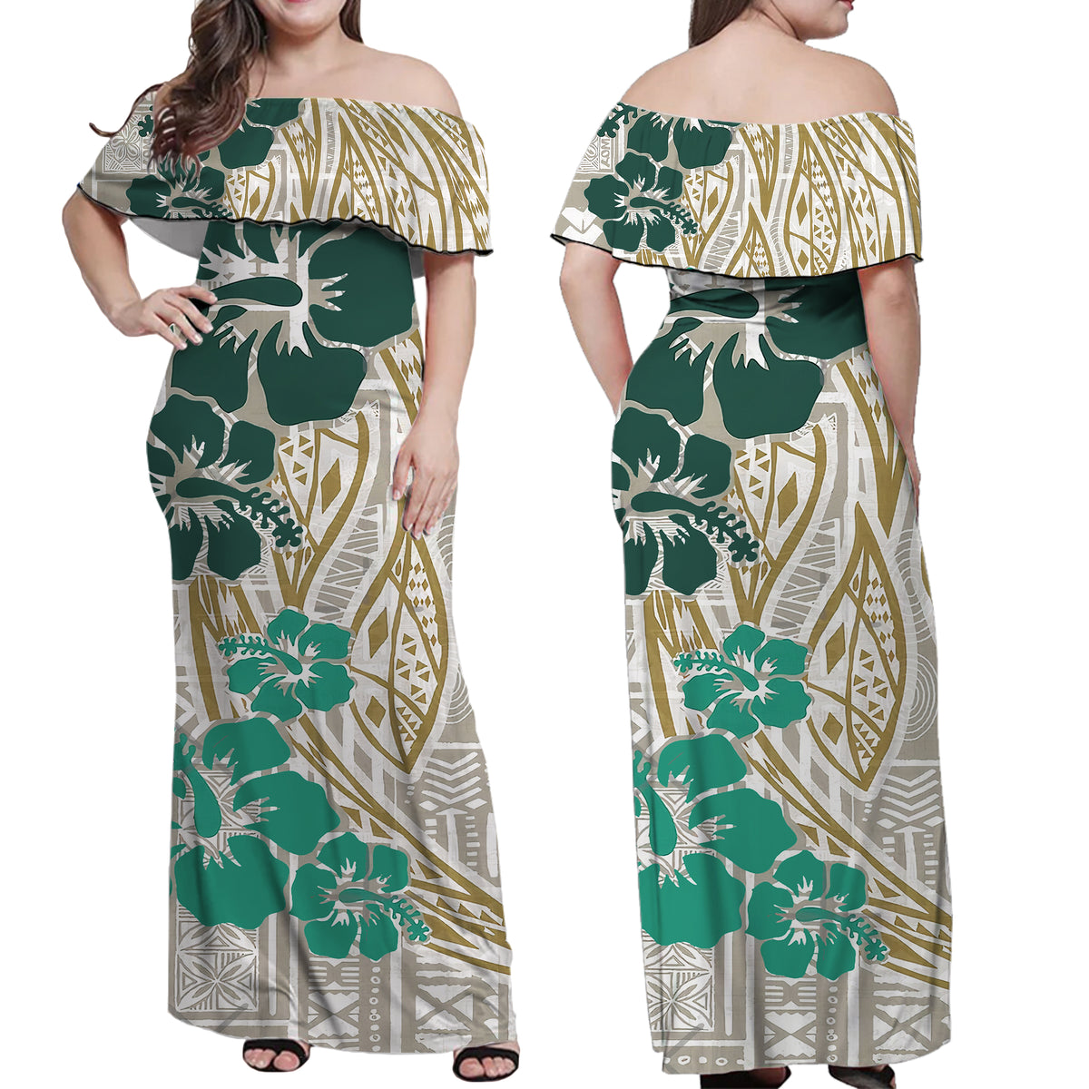 Polynesian Masi Tapa Green Hibiscus Dress and Hawaiian Shirt LT9 - Polynesian Pride
