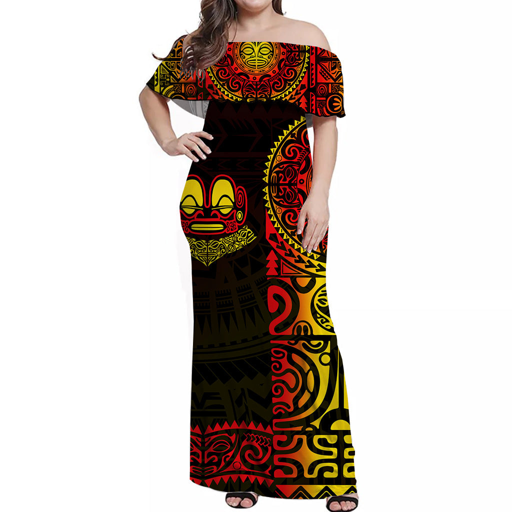 Marquesas Islands Off Shoulder Long Dress Unique Style - Gradient Red LT8 - Polynesian Pride