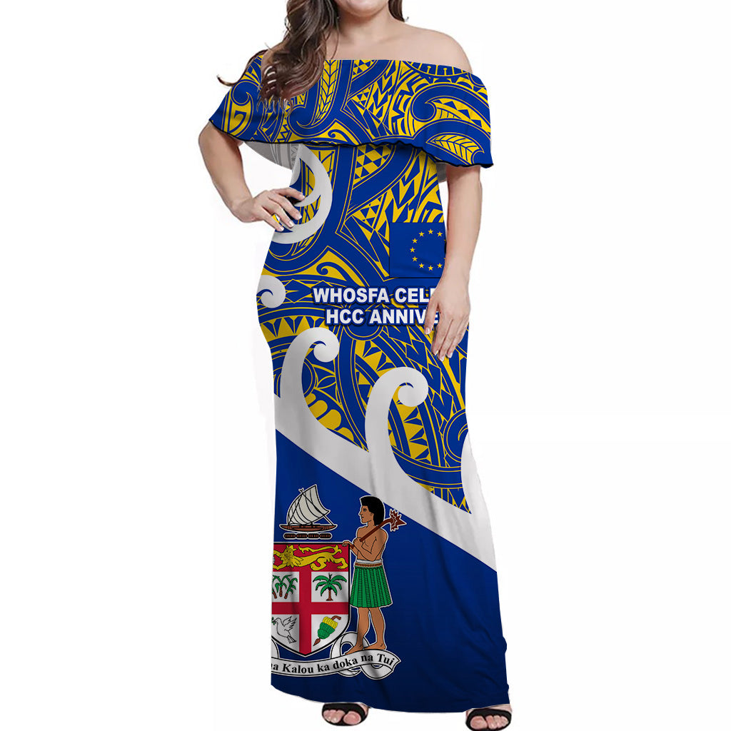 Whosfa Celebrates HCC Anniversary Fiji Europe Off Shoulder Long Dress Silver Fern Koru Vibes LT8 Women Blue - Polynesian Pride