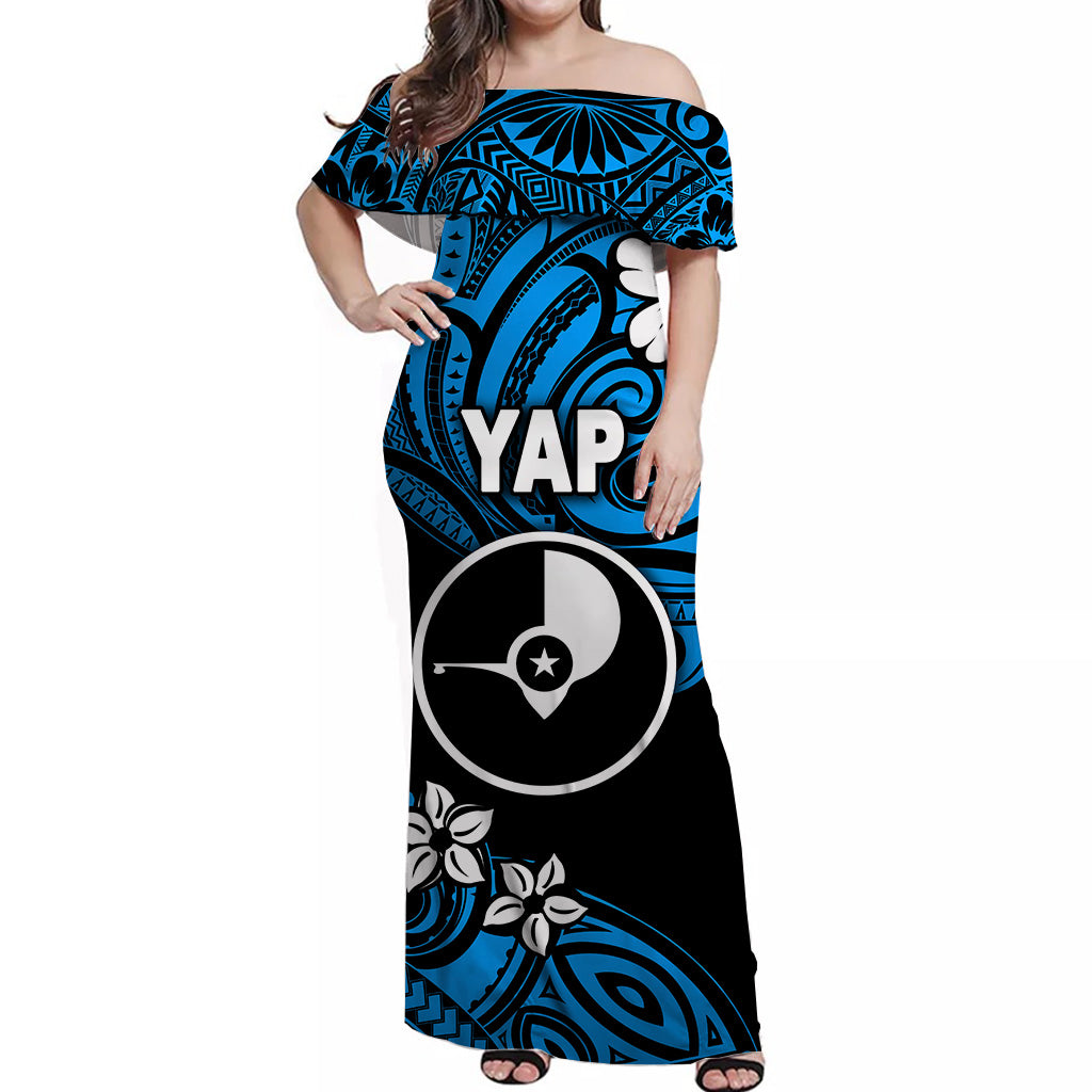FSM Yap Off Shoulder Long Dress Unique Vibes - Blue LT8 - Polynesian Pride