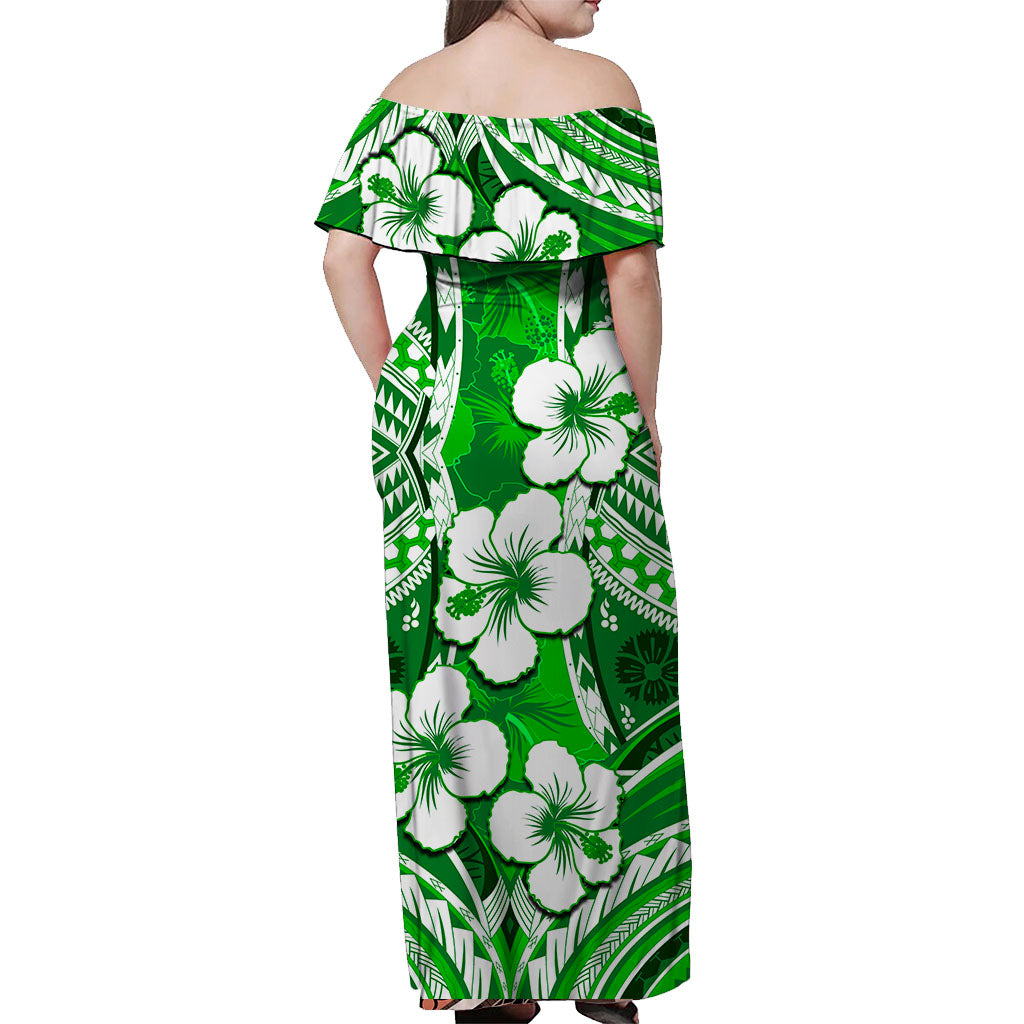 Hibiscus Off Shoulder Long Dress Fiji Patterns Green LT6 - Polynesian Pride