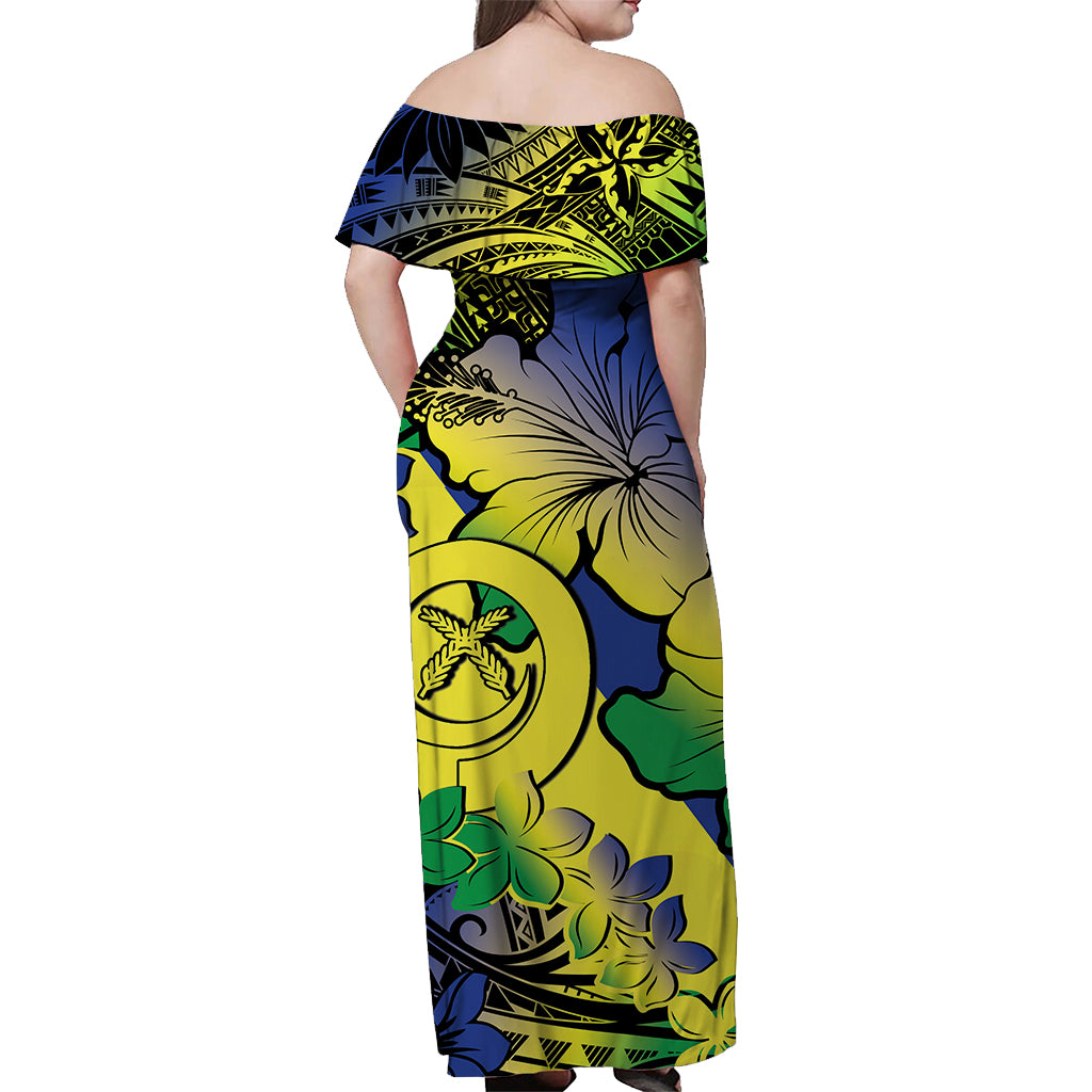 Vanuatu Malampa Off Shoulder Long Dress Hibiscus Mix Polynesian LT6 - Polynesian Pride