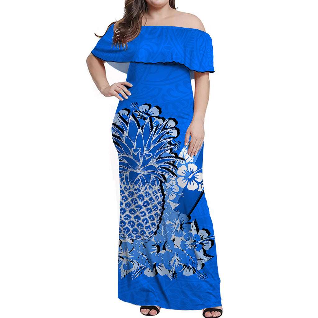 Hawaii Pineapple Off Shoulder Long Dress Polynesian Blue Style LT6 Long Dress Blue - Polynesian Pride