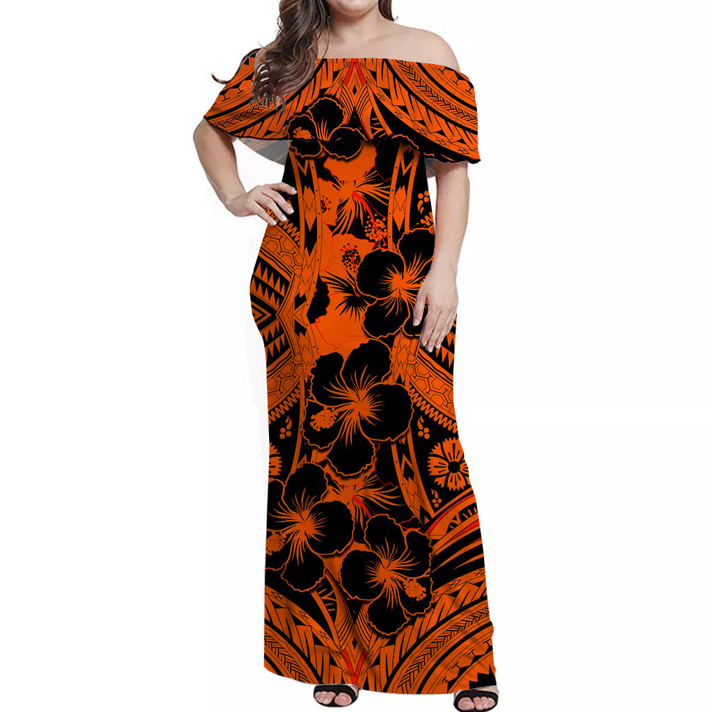 Hibiscus Off Shoulder Long Dress Fiji Patterns Orange LT6 Women Orange - Polynesian Pride