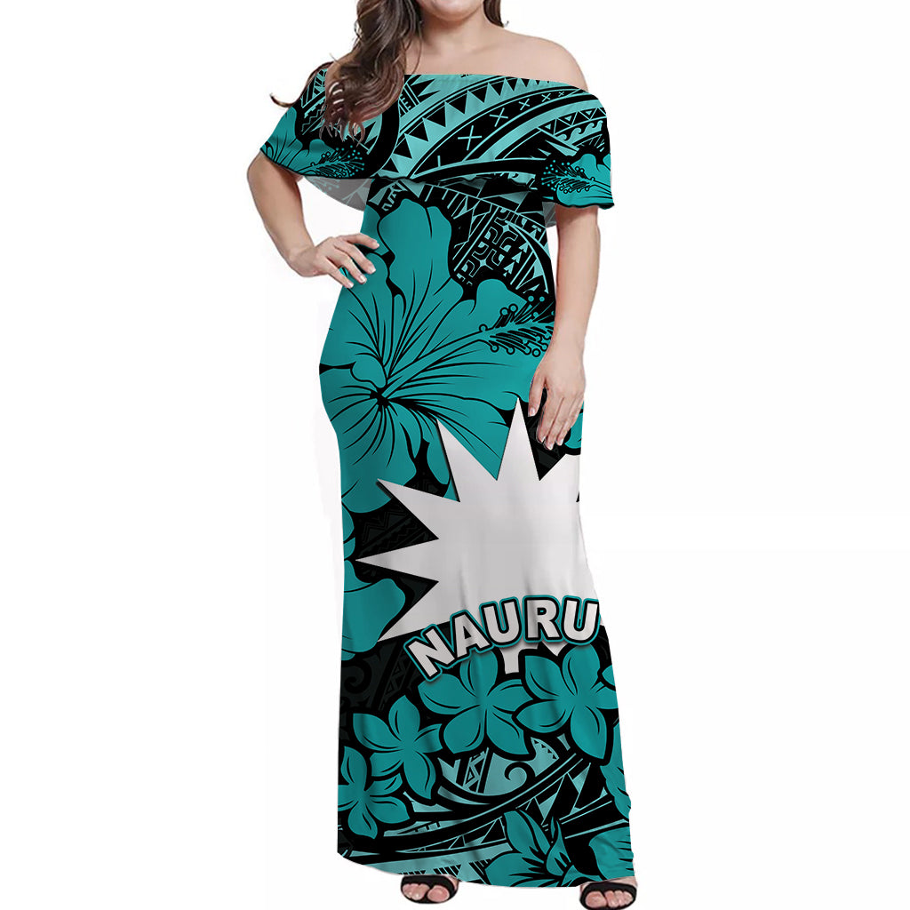 Nauru Off Shoulder Long Dress Hibiscus Mix Polynesian No.4 LT6 Long Dress Green - Polynesian Pride