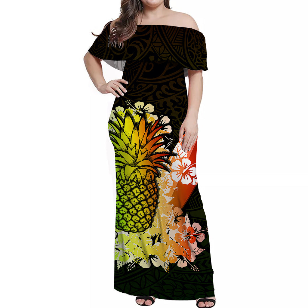 Hawaii Pineapple Off Shoulder Long Dress Polynesian Style No.1 LT6 Long Dress Art - Polynesian Pride