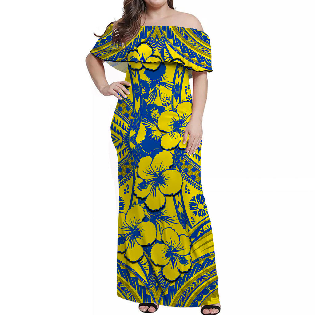 Hibiscus Off Shoulder Long Dress Fiji Patterns Yellow LT6 Women Yellow - Polynesian Pride