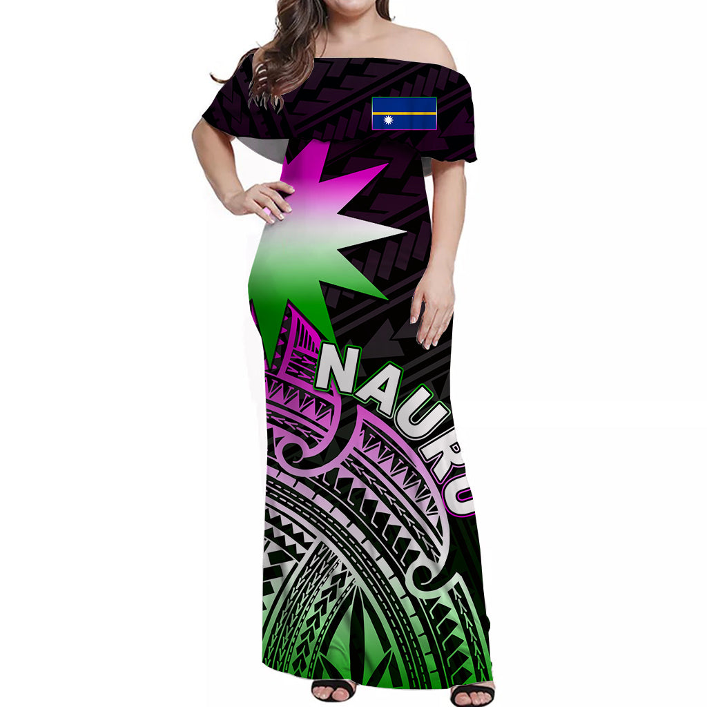 Nauru Off Shoulder Long Dress Flag In Heart No.3 LT6 Long Dress Black - Polynesian Pride