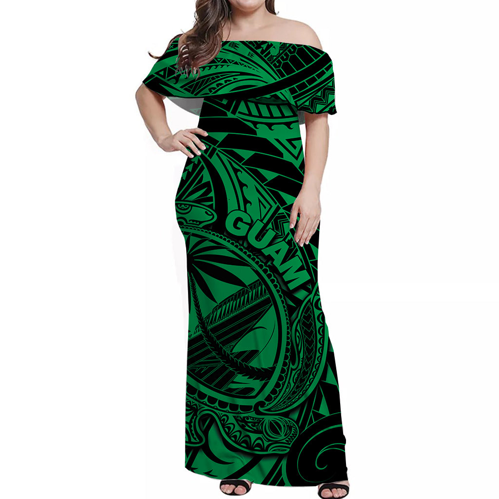 Guam Off Shoulder Long Dress Turtle Mix Polynesian Green Style LT6 Long Dress Green - Polynesian Pride