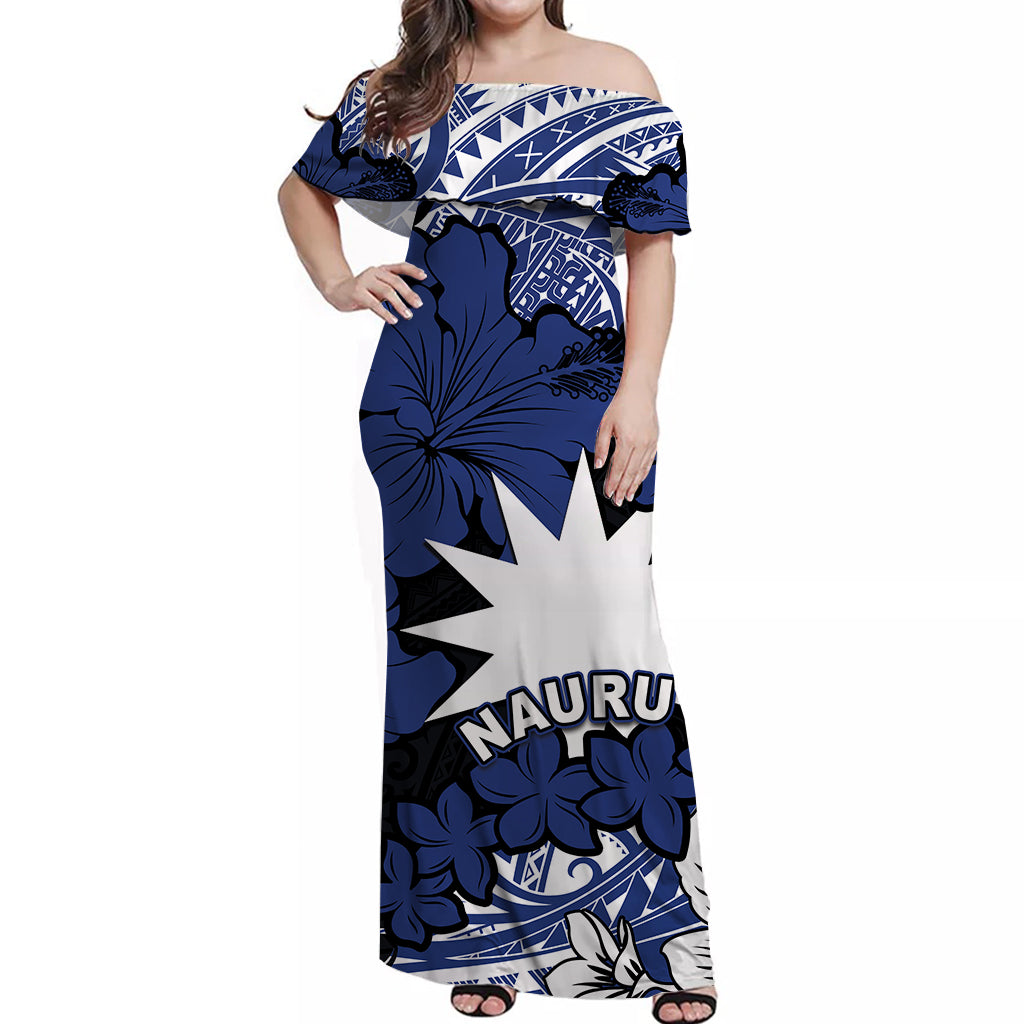 Nauru Off Shoulder Long Dress Hibiscus Mix Polynesian No.1 LT6 Long Dress Blue - Polynesian Pride