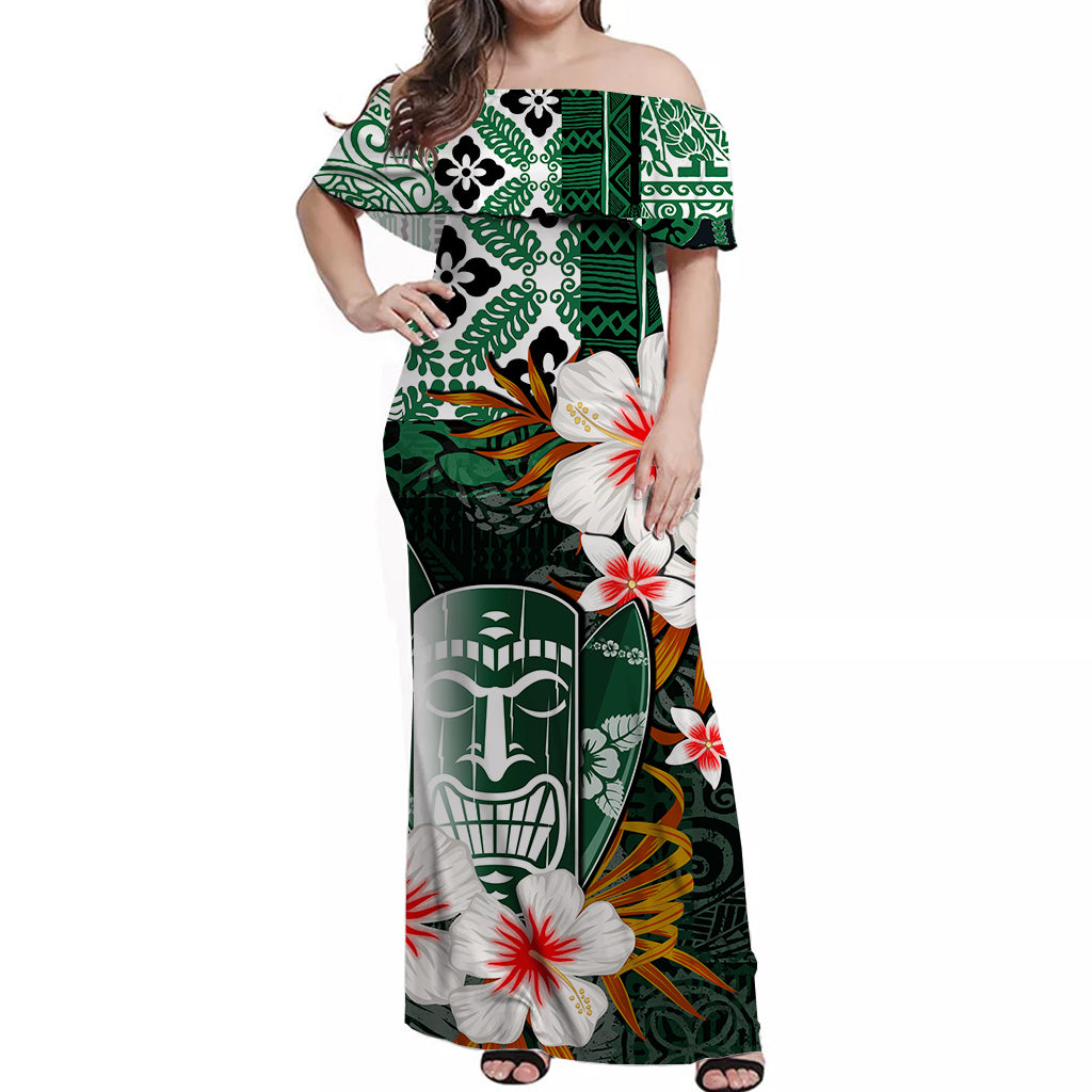 Hawaii Tiki Off Shoulder Long Dress Green Style LT6 Long Dress Green - Polynesian Pride