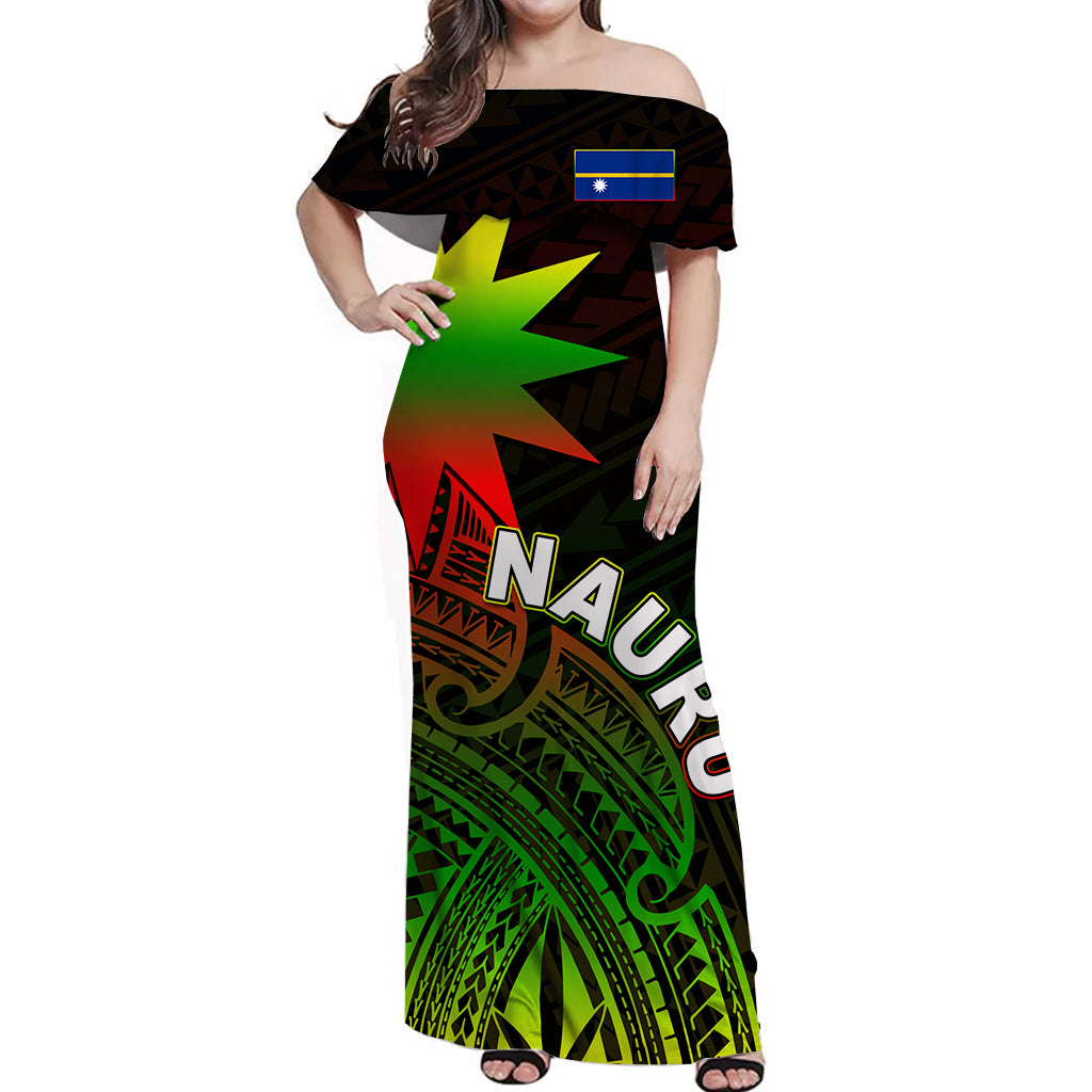 Nauru Off Shoulder Long Dress Flag In Heart No.2 LT6 Long Dress Black - Polynesian Pride