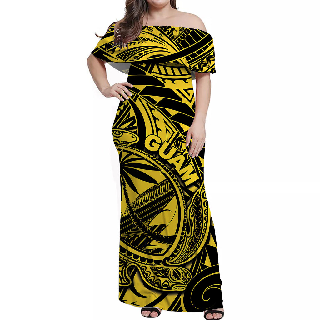 Guam Off Shoulder Long Dress Turtle Mix Polynesian Yellow Style LT6 Long Dress Yellow - Polynesian Pride