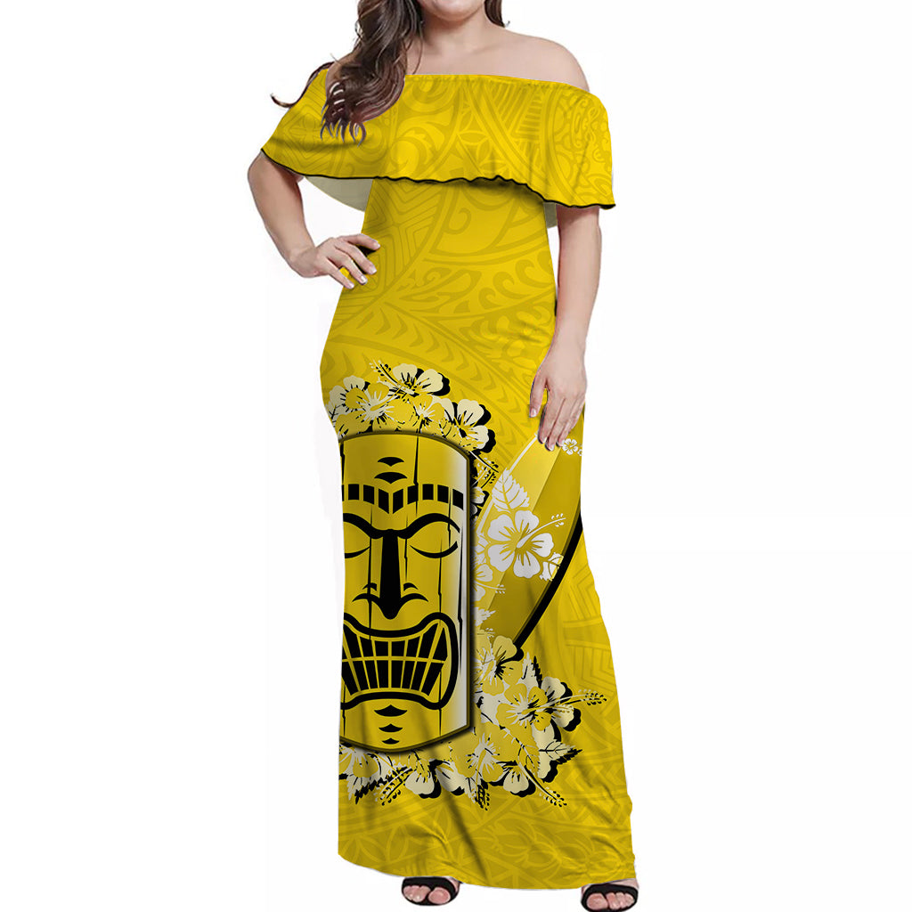 Hawaii Tiki Off Shoulder Long Dress Polynesian Yellow Style LT6 Long Dress Yellow - Polynesian Pride