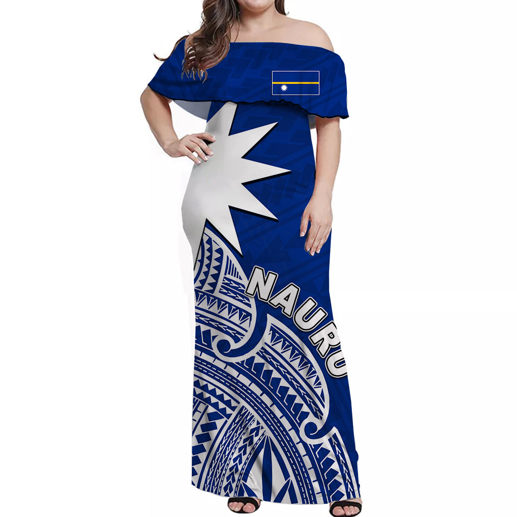 Nauru Off Shoulder Long Dress Flag In Heart No.1 LT6 Long Dress Blue - Polynesian Pride