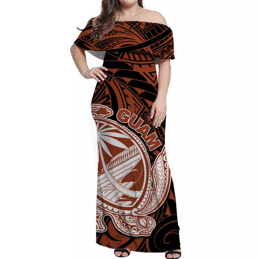 Guam Off Shoulder Long Dress Turtle Mix Polynesian Brown Style LT6 Long Dress Brown - Polynesian Pride
