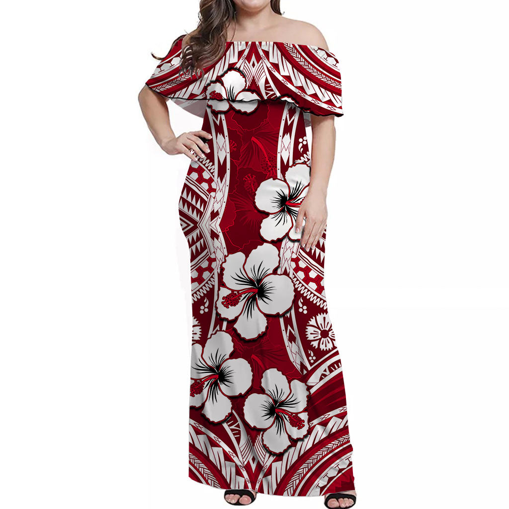 Hibiscus Off Shoulder Long Dress Fiji Patterns Red LT6 Women Red - Polynesian Pride