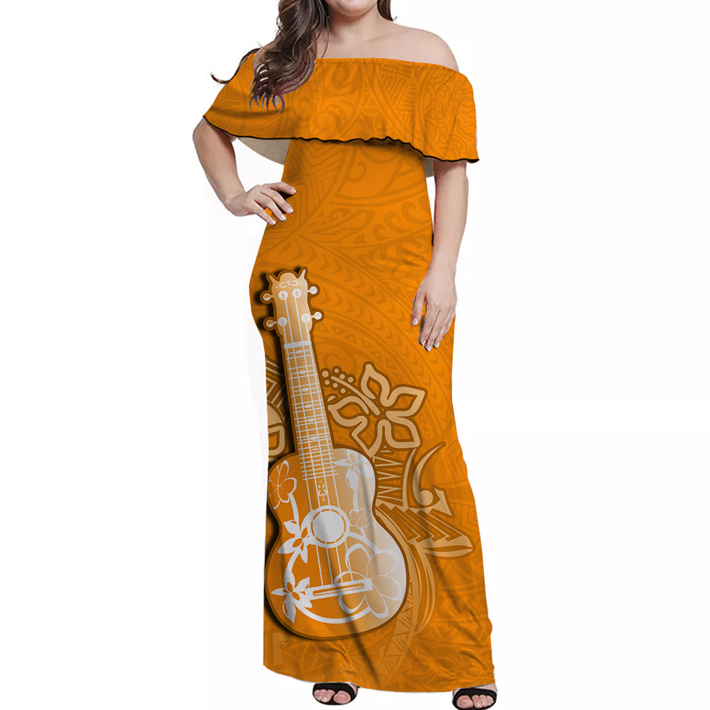 Hawaii Ukulele Off Shoulder Long Dress Polynesian Orange Style LT6 Long Dress Orange - Polynesian Pride