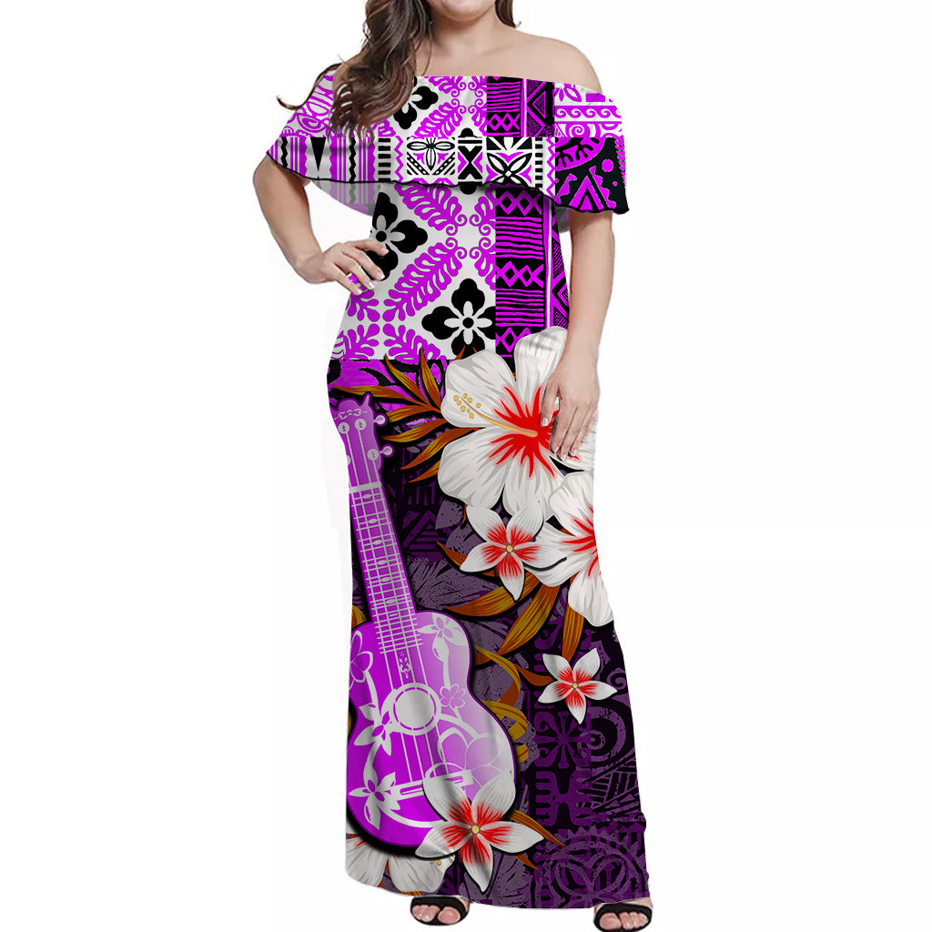 Hawaii Ukulele Off Shoulder Long Dress Purple Style LT6 Long Dress Purple - Polynesian Pride