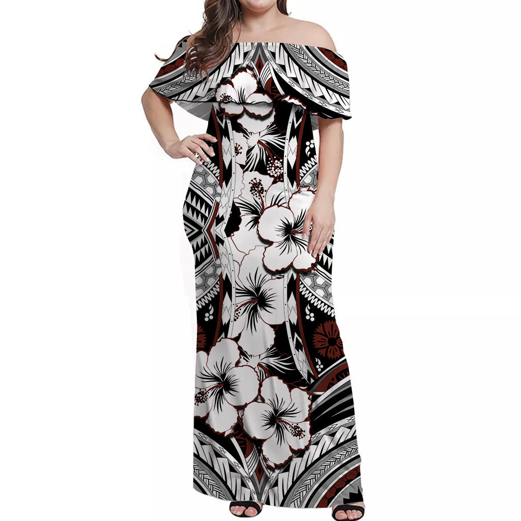 Hibiscus Off Shoulder Long Dress Fiji Patterns LT6 Women White - Polynesian Pride