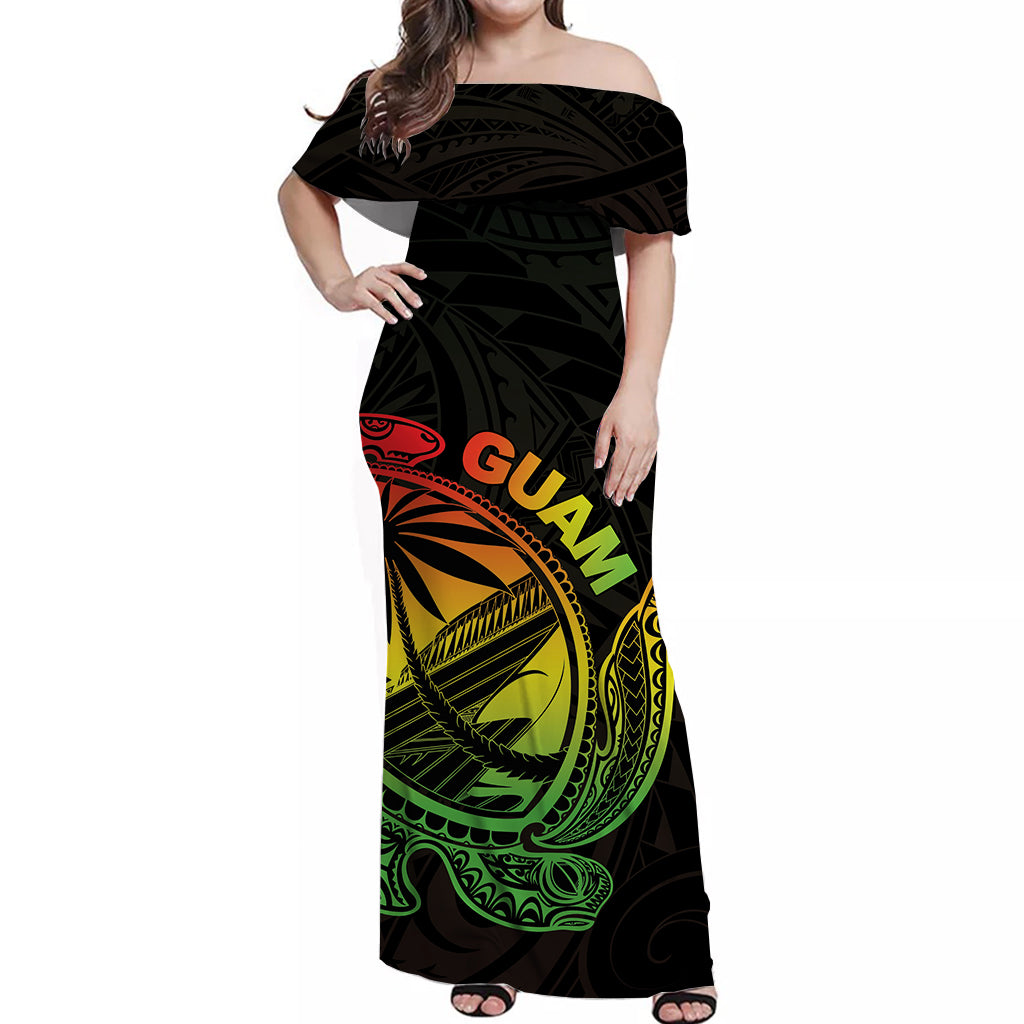 Guam Off Shoulder Long Dress Turtle Mix Polynesian Style LT6 Long Dress Black - Polynesian Pride