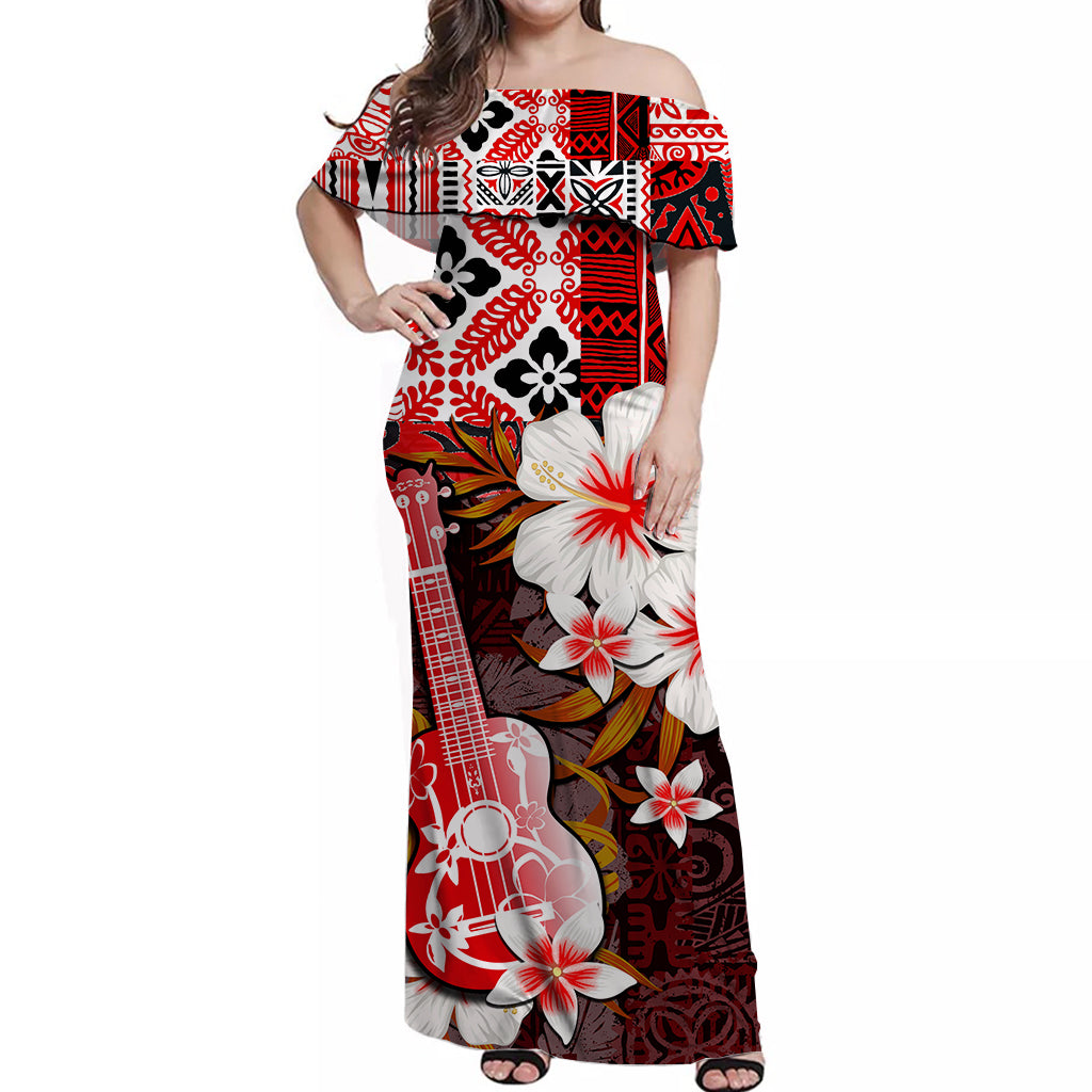 Hawaii Ukulele Off Shoulder Long Dress Red Style LT6 Long Dress Red - Polynesian Pride