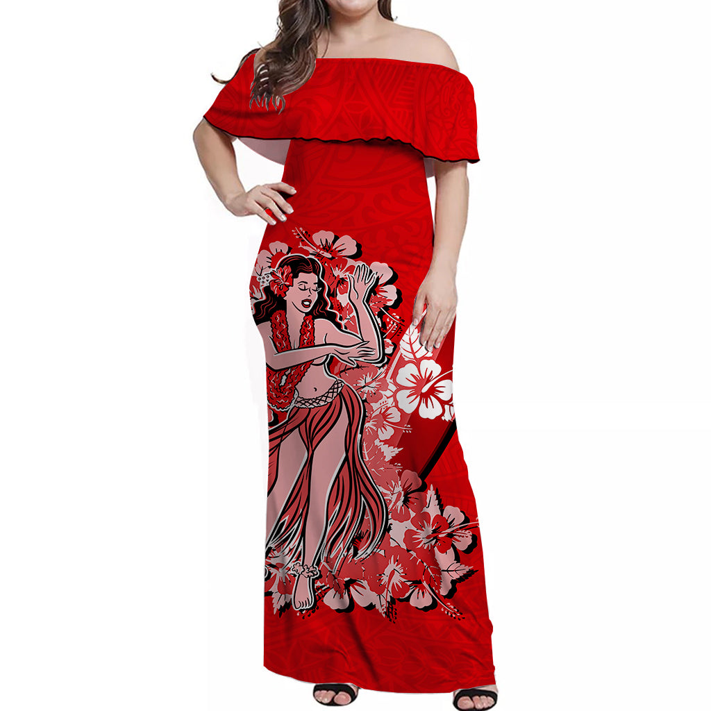 Hawaii Hula Girl Off Shoulder Long Dress Polynesian Red Style LT6 Long Dress Red - Polynesian Pride