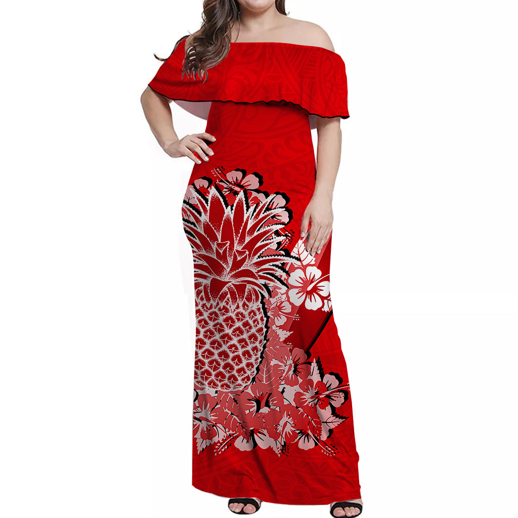 Hawaii Pineapple Off Shoulder Long Dress Polynesian Red Style LT6 Long Dress Red - Polynesian Pride