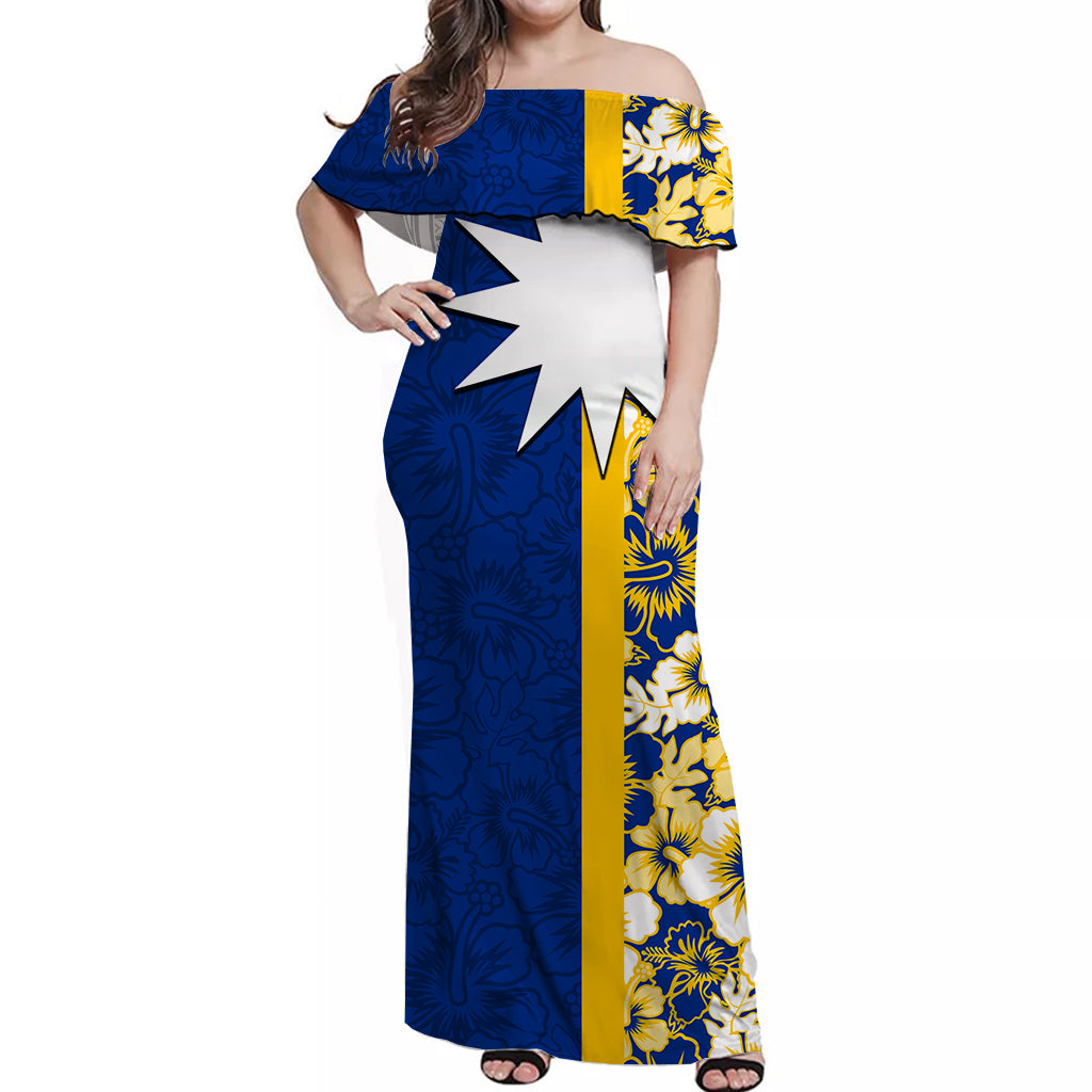 Nauru Off Shoulder Long Dress Flag Stlye With Hibiscus Patterns LT6 Long Dress Blue - Polynesian Pride