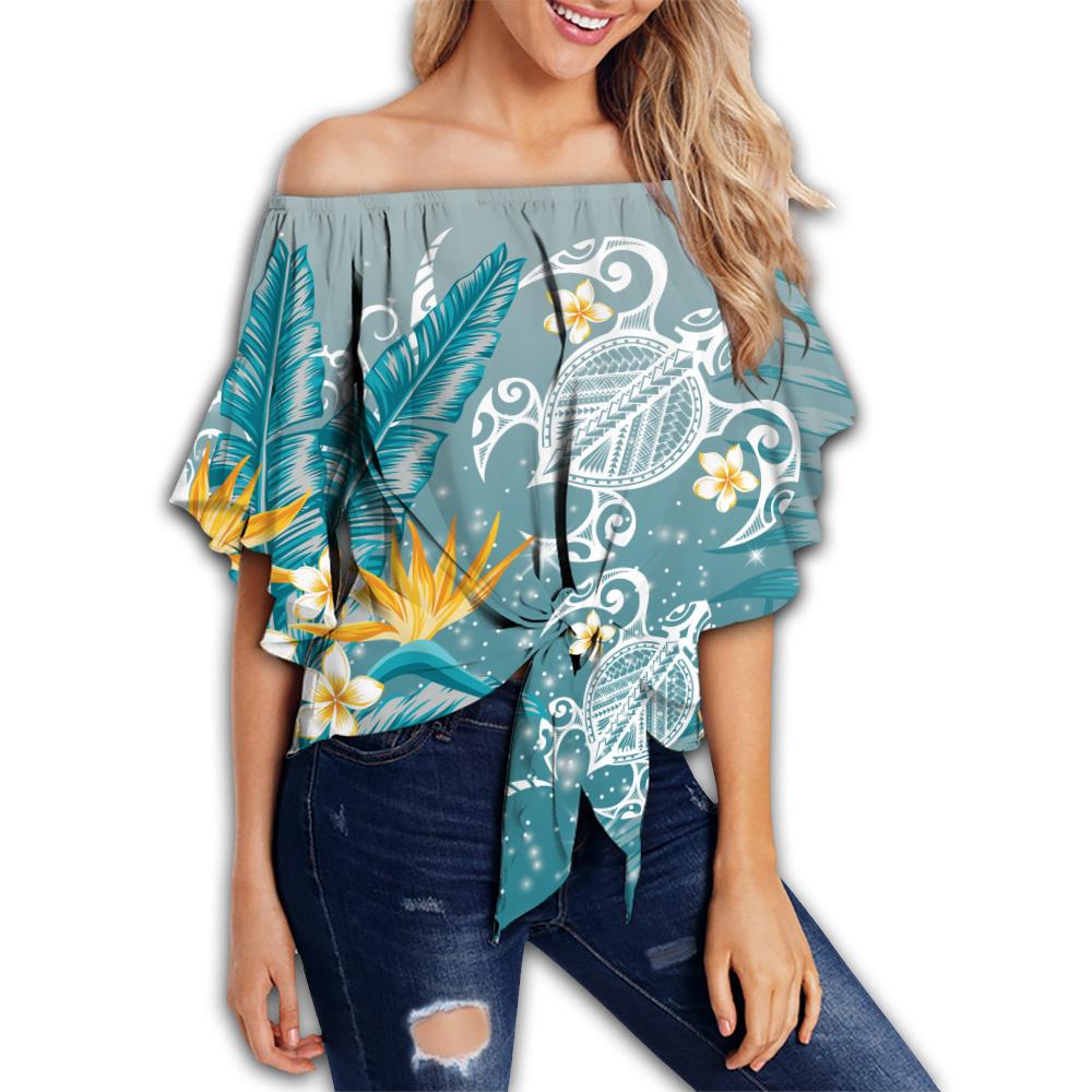 Hawaii Polynesian Turtles Plumeria Tropical Off Shoulder Waist Wrap Top - Winter Style - AH Female Blue - Polynesian Pride