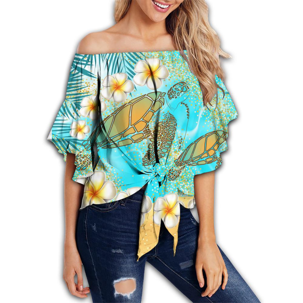 Hawaii Turtle Plumeria Summer Off Shoulder Waist Wrap Top - Sea Style - AH Female Blue - Polynesian Pride