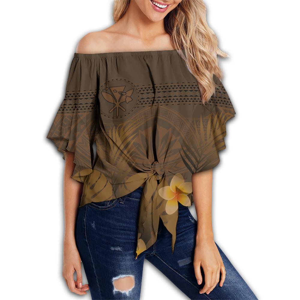 Hawaii Monstera Polynesian Kanaka Off Shoulder Waist Wrap Top - Autumn Style - AH Female Brown - Polynesian Pride