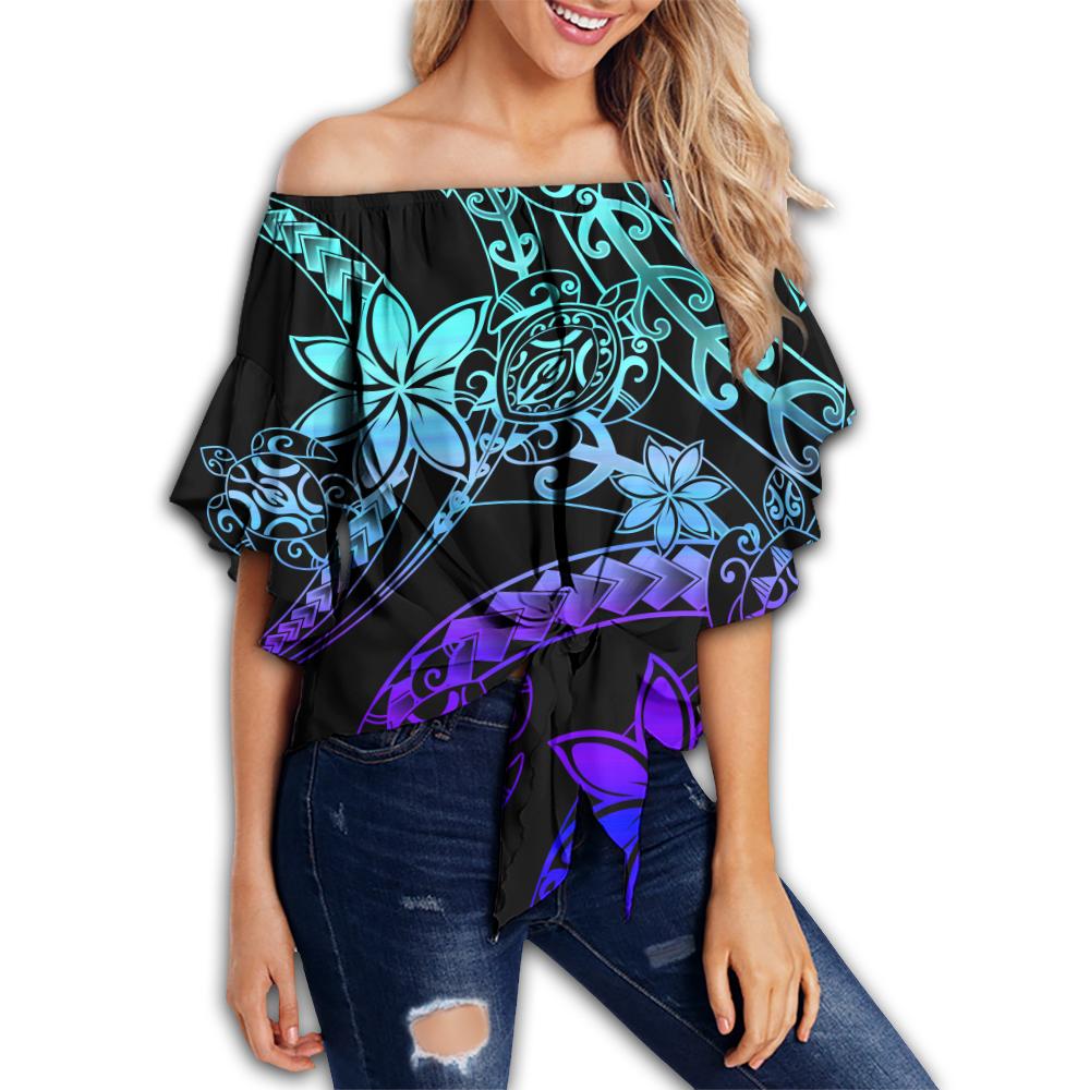 Hawaii Polynesian Turtles Plumeria Off Shoulder Waist Wrap Top - Cool Colors - AH Female Blue - Polynesian Pride