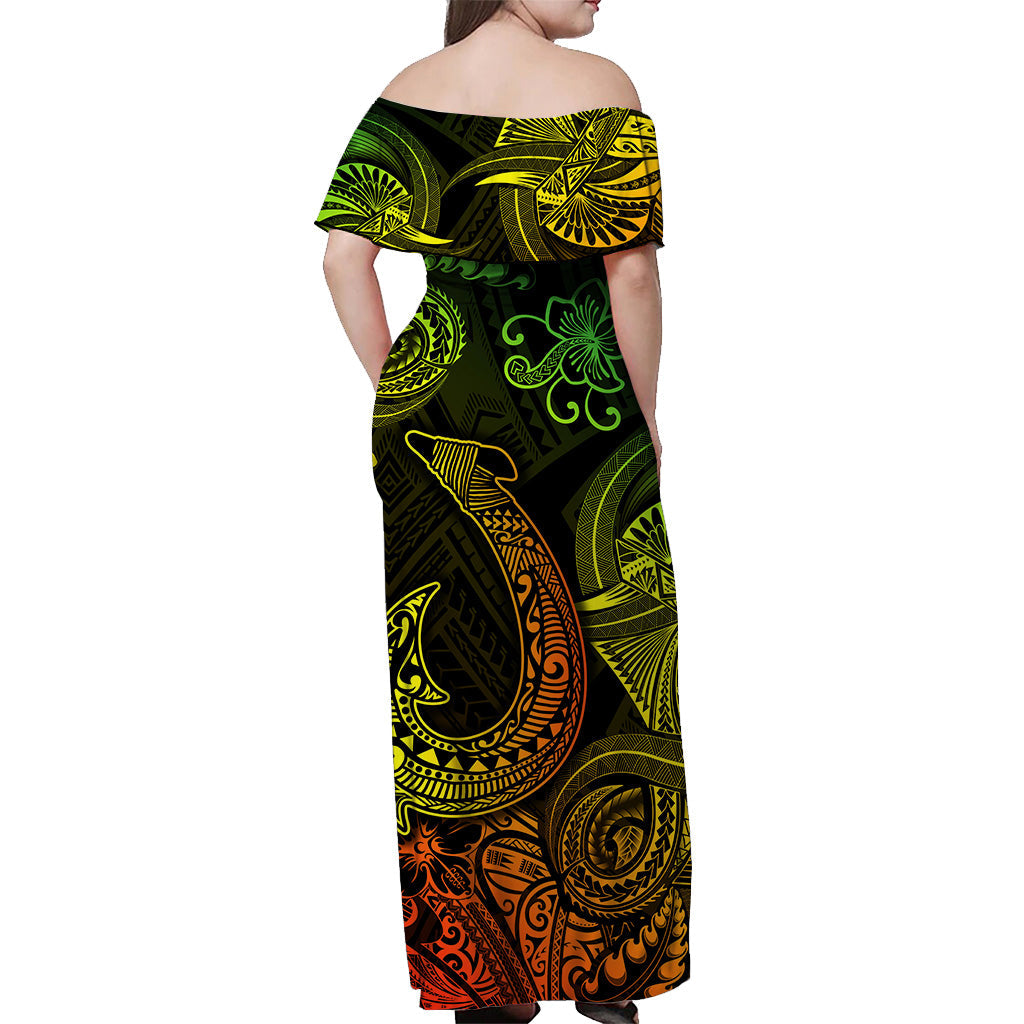 Hawaii Fish Hook Polynesian Off Shoulder Long Dress Unique Style - Reggae LT8 - Polynesian Pride