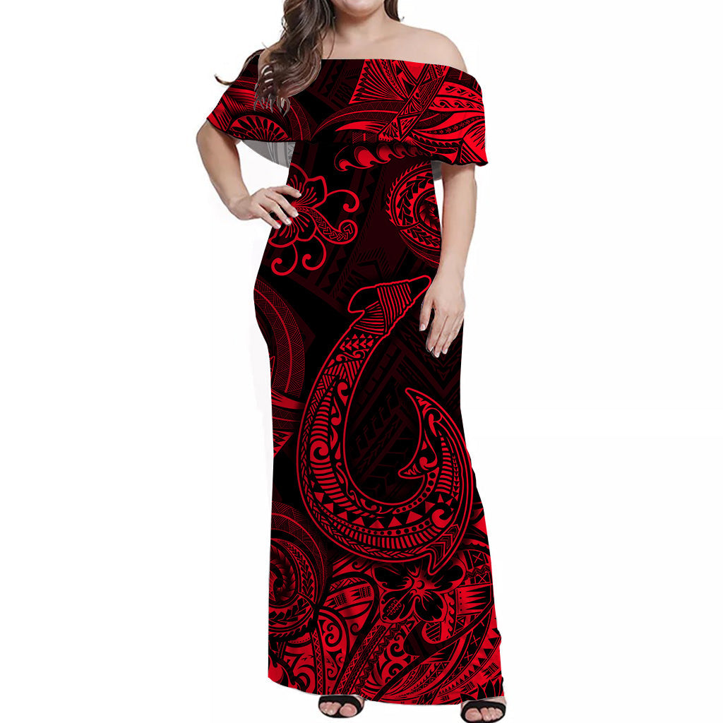 Hawaii Fish Hook Polynesian Off Shoulder Long Dress Unique Style - Red LT8 Women Red - Polynesian Pride