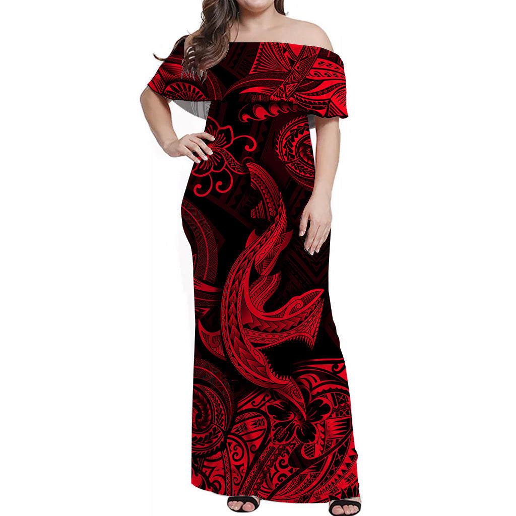 Hawaii Angry Shark Polynesian Off Shoulder Long Dress Unique Style - Red LT8 Women Red - Polynesian Pride