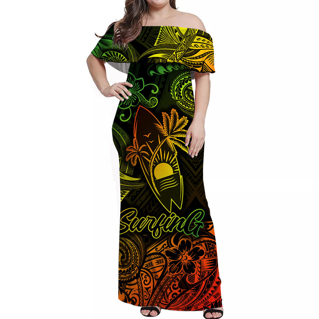 Hawaii Surfing Polynesian Off Shoulder Long Dress Unique Style - Reggae LT8 Women Reggae - Polynesian Pride