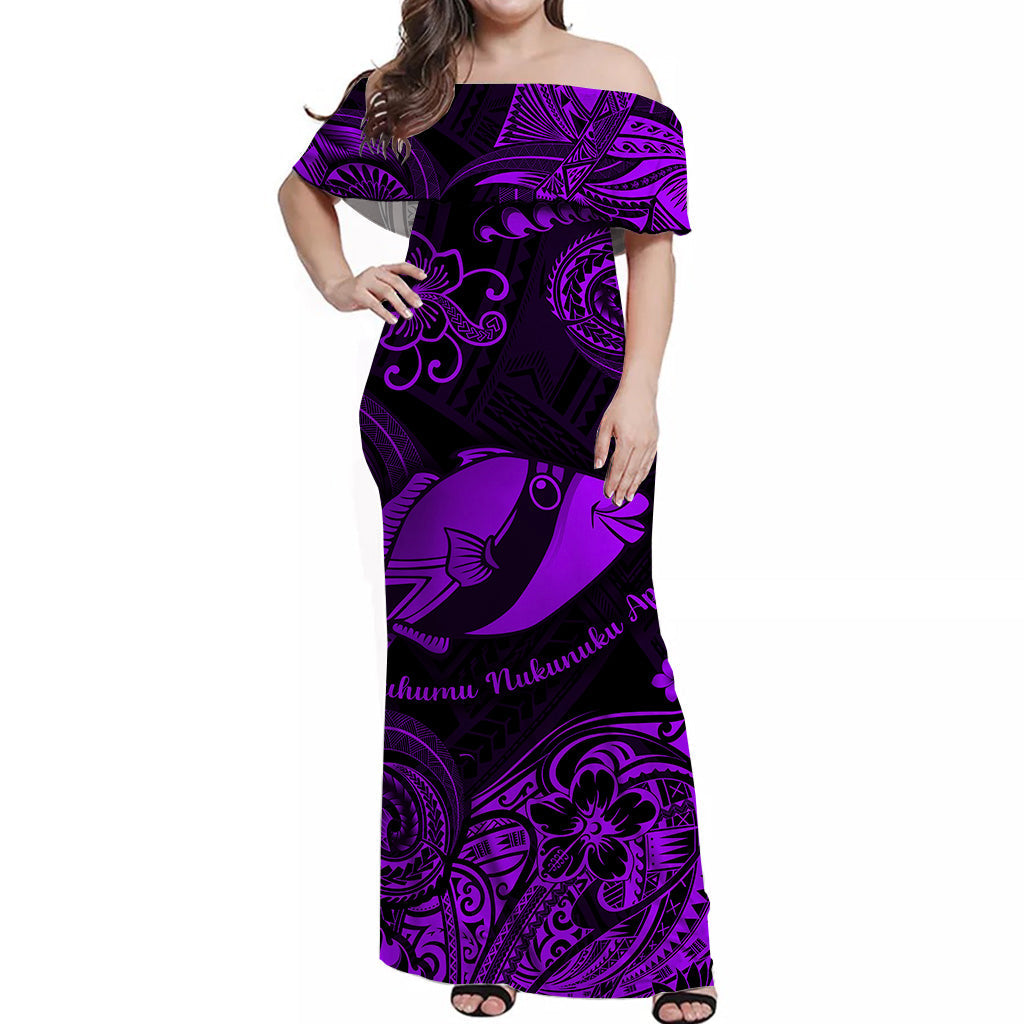 Hawaii State Fish: Humuhumu Nukunuku Apuaa Polynesian Off Shoulder Long Dress Unique Style - Purple LT8 Women Purple - Polynesian Pride