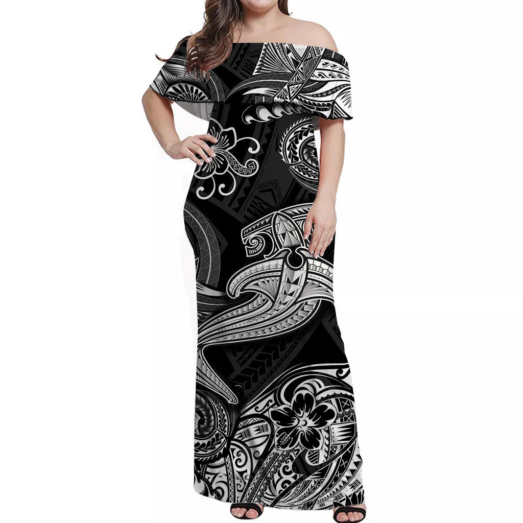 Hawaii Hammer Shark Polynesian Off Shoulder Long Dress Unique Style - Black LT8 Women Black - Polynesian Pride