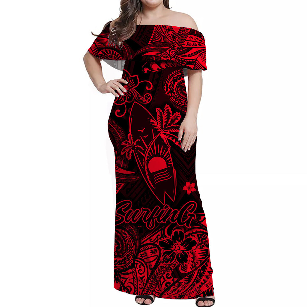 Hawaii Surfing Polynesian Off Shoulder Long Dress Unique Style - Red LT8 Women Red - Polynesian Pride