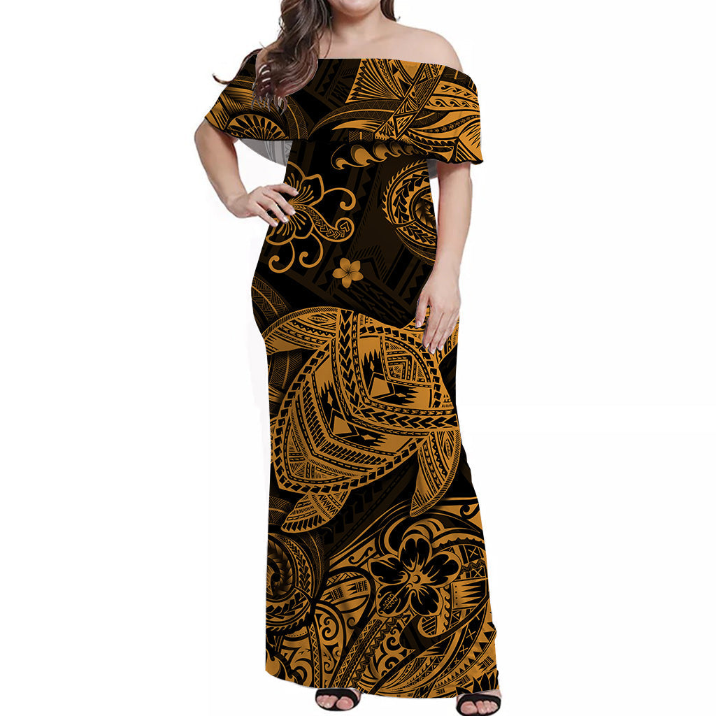 Hawaii Turtle Polynesian Off Shoulder Long Dress Plumeria Flower Unique Style - Gold LT8 Women Gold - Polynesian Pride