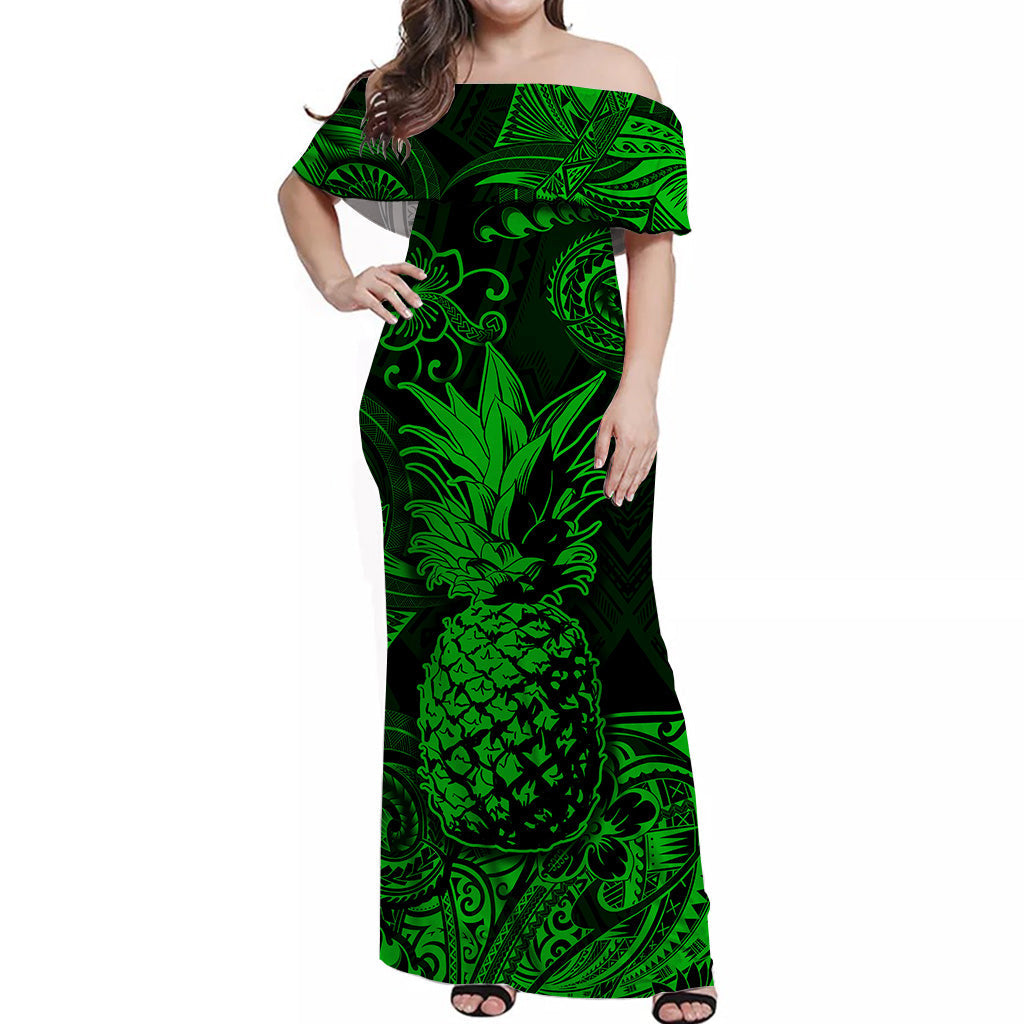 Hawaii Pineapple Polynesian Off Shoulder Long Dress Unique Style - Green LT8 Women Green - Polynesian Pride