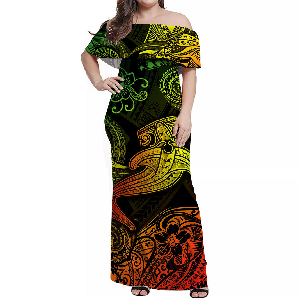 Hawaii Hammer Shark Polynesian Off Shoulder Long Dress Unique Style - Reggae LT8 Women Reggae - Polynesian Pride