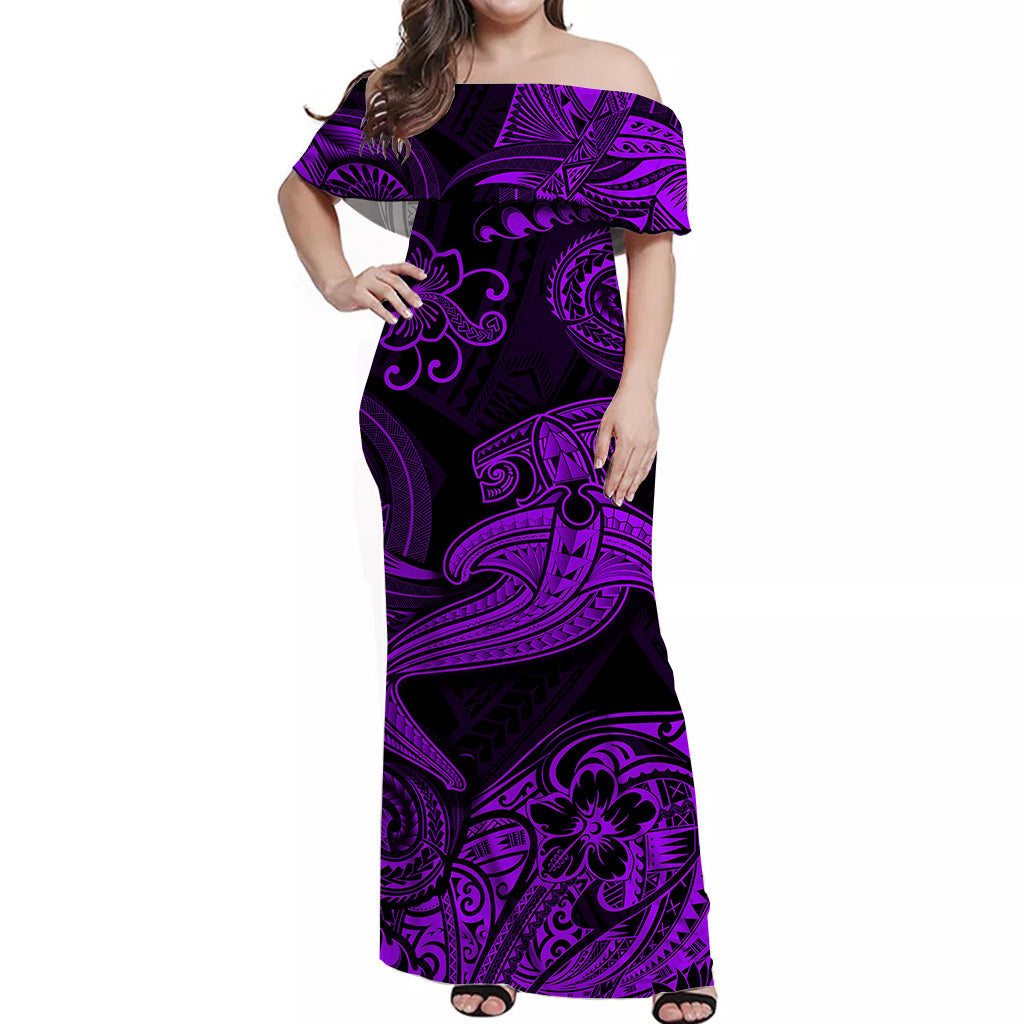 Hawaii Hammer Shark Polynesian Off Shoulder Long Dress Unique Style - Purple LT8 Women Purple - Polynesian Pride