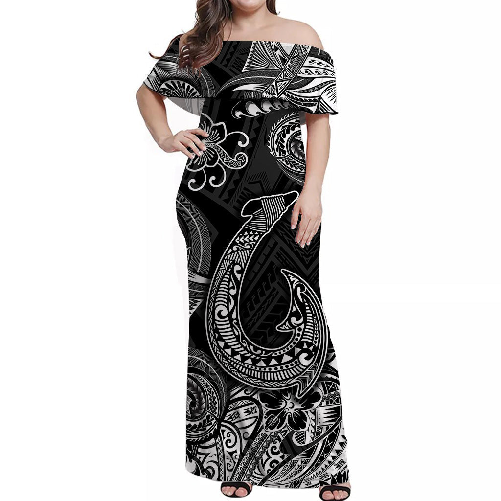 Hawaii Fish Hook Polynesian Off Shoulder Long Dress Unique Style - Black LT8 Women Black - Polynesian Pride