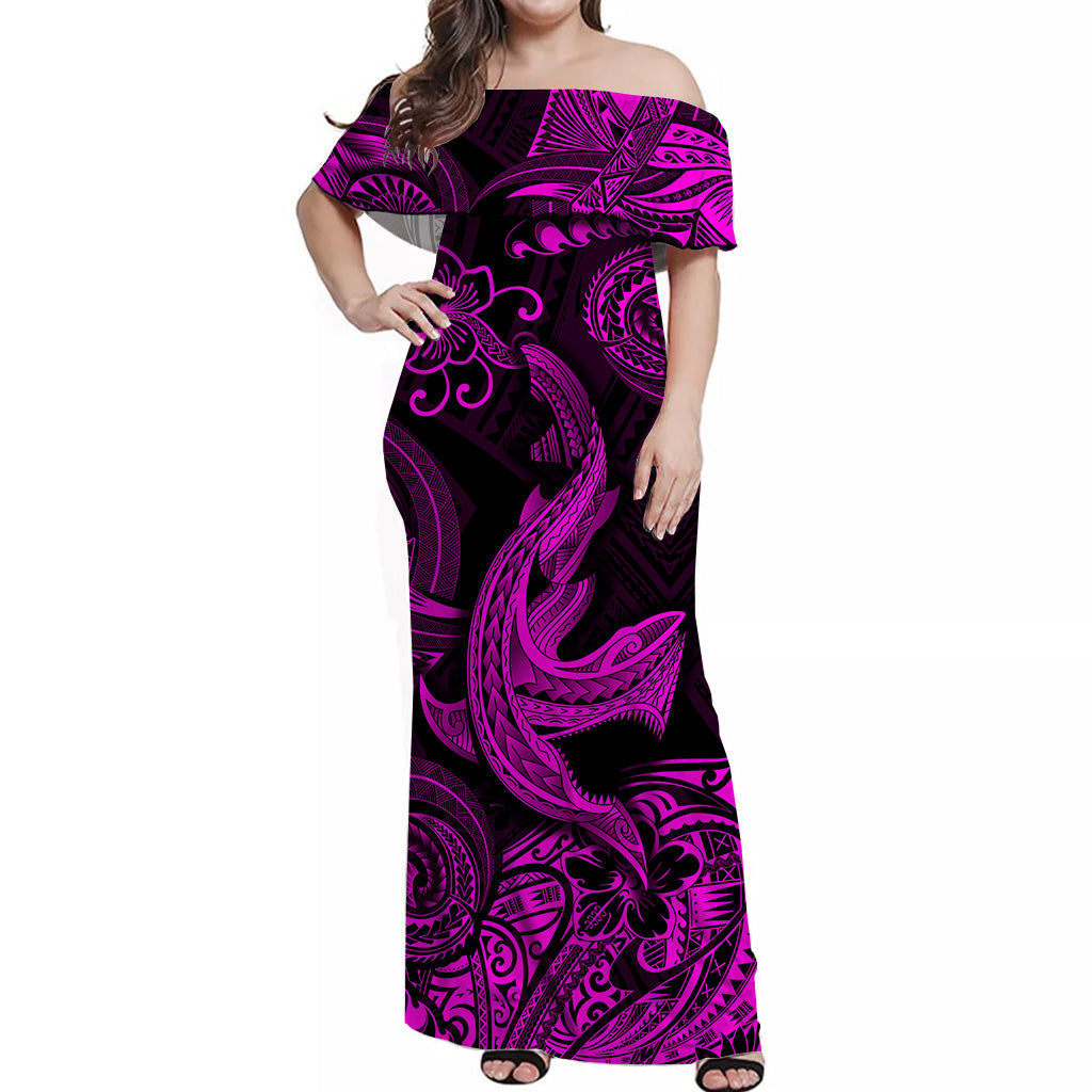 Hawaii Angry Shark Polynesian Off Shoulder Long Dress Unique Style - Pink LT8 Women Pink - Polynesian Pride