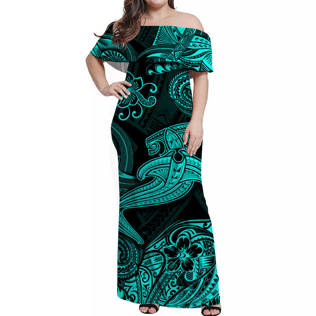 Hawaii Hammer Shark Polynesian Off Shoulder Long Dress Unique Style - Turquoise LT8 Women Turquoise - Polynesian Pride