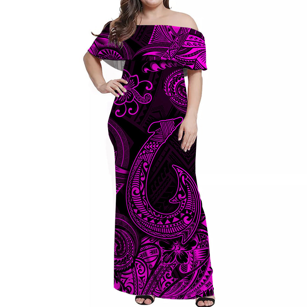 Hawaii Fish Hook Polynesian Off Shoulder Long Dress Unique Style - Pink LT8 Women Pink - Polynesian Pride