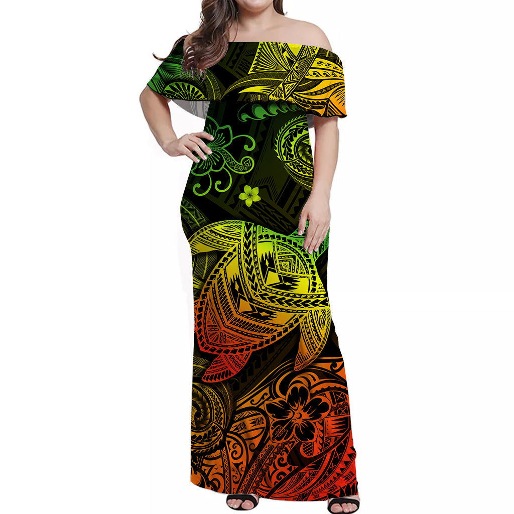 Hawaii Turtle Polynesian Off Shoulder Long Dress Plumeria Flower Unique Style - Reggae LT8 Women Reggae - Polynesian Pride