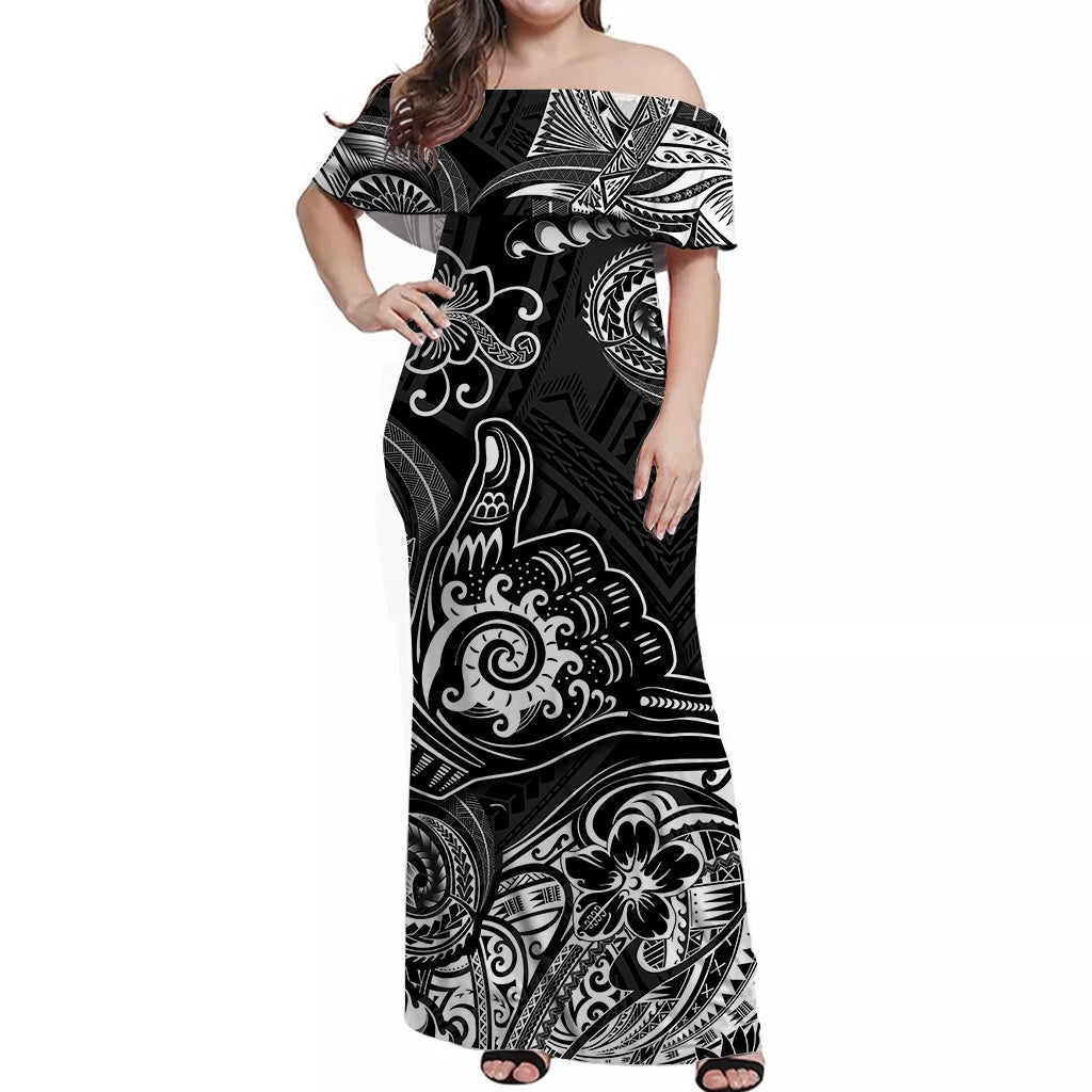 Hawaii Shaka Polynesian Off Shoulder Long Dress Unique Style - Black LT8 Women Black - Polynesian Pride